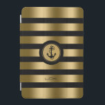 Protection iPad Mini Ancre marine moderne Gold & Black Stripes<br><div class="desc">Elégant monogramed or métal rayures sur arrière - plan noir que vous pouvez changer. Cercle blanc et or pour illustration d'ancre nautique blanche. monogramme personnalisé. Si vous avez besoin d'aide pour customiser, changer de couleur ou autre chose à l'un de mes designs, contactez le concepteur ArtOnWear. Mise en forme de...</div>