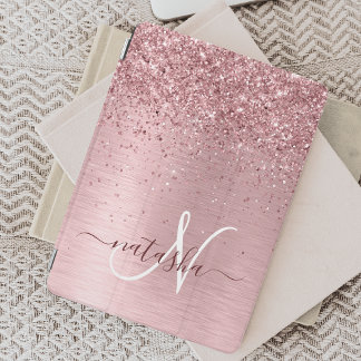 Protection iPad Mini Blush Rose Métal Brossé Paillettes Monogramme Nom