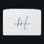 Protection iPad Mini Élégant Monogramme moderne bleu blanc<br><div class="desc">Élégante Couvercle Monogram iPad Mini Design Blanc Moderne. Un élégant monogramme de script bleu combiné à une police de caractères noir propre san-serif donne un look contemporain.</div>