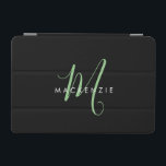 Protection iPad Mini Élégant Monogramme moderne noir vert Script<br><div class="desc">Élégant Noir Vert Script Monogram iPad Mini Couverture. Un élégant monogramme de script vert combiné à une police blanche de san-serif propre donne un look contemporain.</div>