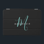 Protection iPad Mini Élégant Noir Turquoise Script Monogramme moderne<br><div class="desc">Élégant Noir Turquoise Script Monogram iPad Mini Couverture. Un élégant monogramme de script turquoise combiné à une police blanche de san-serif propre donne un look contemporain.</div>