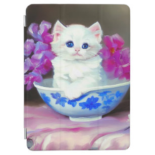 Protection iPad Air Kitten blanc vintage aux fleurs roses