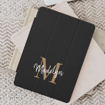 Protection iPad Mini Monogramme d'or noir moderne Feminine Script éléga<br><div class="desc">Monogramme d'or noir moderne Feminine Stylish Script iPad mini Couverture. Personnalisez facilement ce mini couvercle ipad élégant et moderne avec votre monogramme et votre nom personnalisés.</div>