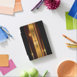Protection iPad Mini Or métallique et noir design géométrique moderne<br><div class="desc">Image de rayures dorées métalliques brillantes avec arrière - plan géométrique métallique noir. monogramme facultatif</div>