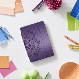 Protection iPad Mini Texture métallique violet profond et dentelle flor