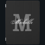 Protection iPad Noir magnétique personnalisé de la couverture |<br><div class="desc">Noir magnétique personnalisé de la couverture | d'iPad de monogramme. Couverture nommée faite sur commande avec la lettre décorée d'un monogramme. Texte vintage et élégant de typographie de manuscrit. Idée gentille de cadeau pour l'anniversaire ou le Noël. Approprié aux femmes et aux enfants des hommes.</div>