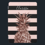 Protection iPad Pro Cover Ananas et bande rose rose élégant<br><div class="desc">Ananas rose d'or moderne et mignon,  arrière - plan à rayures roses et noires.</div>