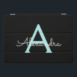 Protection iPad Pro Cover Aqua Teal Blue Script Girly Monogram<br><div class="desc">Noir et Aqua Turquoise Bleu Simple Script Monogramme Nom Coque ordinateur portable. Cela rend le cadeau parfait pour 16 ans,  mariage,  douche nuptiale,  anniversaire,  baby shower ou bachelorette pour quelqu'un qui aime le luxe glam et les styles chic.</div>