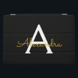 Protection iPad Pro Cover Black Gold Modern Script Girl Monogramme Nom<br><div class="desc">Noir et or Simple Script Monogramme Nom Coque d'ordinateur portable. Cela rend le cadeau parfait pour 16 ans,  mariage,  douche nuptiale,  anniversaire,  baby shower ou bachelorette pour quelqu'un qui aime le luxe glam et les styles chic.</div>