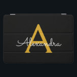 Protection iPad Pro Cover Black Gold Modern Script Girl Monogramme Nom<br><div class="desc">Noir et or Simple Script Monogramme Nom Coque d'ordinateur portable. Cela rend le cadeau parfait pour 16 ans,  mariage,  douche nuptiale,  anniversaire,  baby shower ou bachelorette pour quelqu'un qui aime le luxe glam et les styles chic.</div>