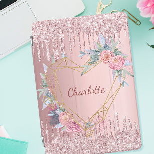 Protection iPad Pro Cover Blush pink glitter floral monogram name