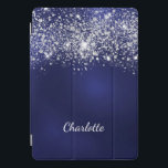 Protection iPad Pro Cover Écriture de nom monogramme de poussière de parties<br><div class="desc">Un arrière - plan bleu. La couleur bleue est inégale. Décoré avec de la poussière de parties scintillant imitation. Personnalisez et ajoutez un nom. Le prénom est écrit avec un script de style moderne écrit à la main.</div>