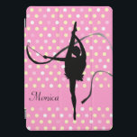 Protection iPad Pro Cover Enfants filles nommé gymnaste poka point rose noir<br><div class="desc">Une fille gymnastique dansant avec un ruban,  nom personnalisé couverture rose et noir. Lit actuellement Monica. D'autres objets de salle de sport dansants sont disponibles. Gymnaste rythmique et silhouette rose ruban dessinée exclusivement par Sarah Trett pour www.mylittleeden.com</div>