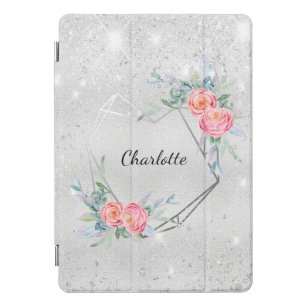 Protection iPad Pro Cover Fleurs roses argentées parties scintillant nom de