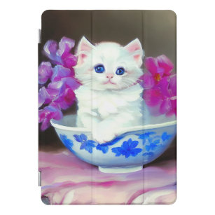 Protection iPad Pro Cover Kitten blanc vintage aux fleurs roses