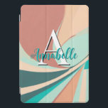 Protection iPad Pro Cover Monogramme Turquoise Abstrait Retro Moderne Peach<br><div class="desc">Ce coque de couverture iPad abstrait moderne attire l'oeil et fait une déclaration avec son look rétro de pêche,  turquoise,  aqua,  et tourbillons de rouille d'argile. Ajoutez un nom et une initiale pour le personnaliser. Créé par Simply Farmhouse Press.</div>