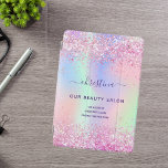 Protection iPad Pro Cover Nom commercial holographique rose violet<br><div class="desc">Un arrière - plan holographique branché aux couleurs pastel rose, violet, vert menthe. Décoré de confettis. Pour les maquilleurs, les designers de cheveux, les salons de coiffure et de beauté, les infirmières. Lettres violettes. Personnalisez et ajoutez votre nom et vos coordonnées. Le nom personnel est écrit avec un script de...</div>