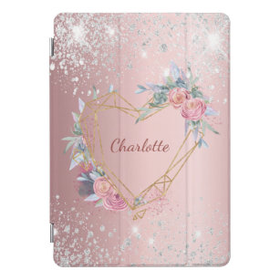Protection iPad Pro Cover Parties scintillant rose rose floral argent monogr