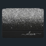 Protection iPad Pro Cover Script Monogram Girly Name<br><div class="desc">Parties scintillant à étincelles métalliques argentées et noires Coque d'ordinateur portable de nom de monogramme. Cela rend le cadeau parfait pour 16 ans,  mariage,  douche nuptiale,  anniversaire,  baby shower ou bachelorette pour quelqu'un qui aime le luxe glam et les styles chic.</div>