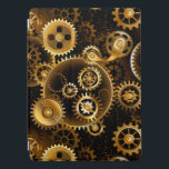 Protection iPad Pro Équipements en laiton sans vapeur<br><div class="desc">Sans joint,  métal,  laiton,  or engrenages sur arrière - plan foncé rouillé. Style Steampunk.</div>