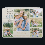Protection iPad Pro Meilleure maman jamais de collage photo personnali<br><div class="desc">coque ipad photo personnalisé que vous pouvez personnaliser avec 5 de vos photos préférées. Le design présente une palette de couleurs modernes de pierre, de marron, de bleu et de jaune et est écrit avec un script décontracté et une typographie de police maigre. Le texte dit "meilleure mère jamais" et...</div>
