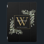 Protection iPad Pro Monogramme d'or noir Élégant verdure<br><div class="desc">Elégante aquarelle verdure feuille monogramme nom de téléphone avec un monogramme d'or initial sur un arrière - plan noir chic. Conçu par Thisisnotme©</div>