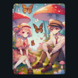 Protection iPad Pro Whimsical Romantic Anime Couple<br><div class="desc">Anime garçon et fille amoureuse assis dans un lot de champignons vintages et de fleurs avec des papillons volant dans l'arrière - plan.</div>