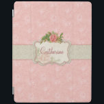 Protection iPad Roses roses roses et Damas<br><div class="desc">Arrière - plan rose floral avec bande de damas gris,  étiquette floral central avec pulvérisation de roses girly et espace pour la personnalisation.</div>