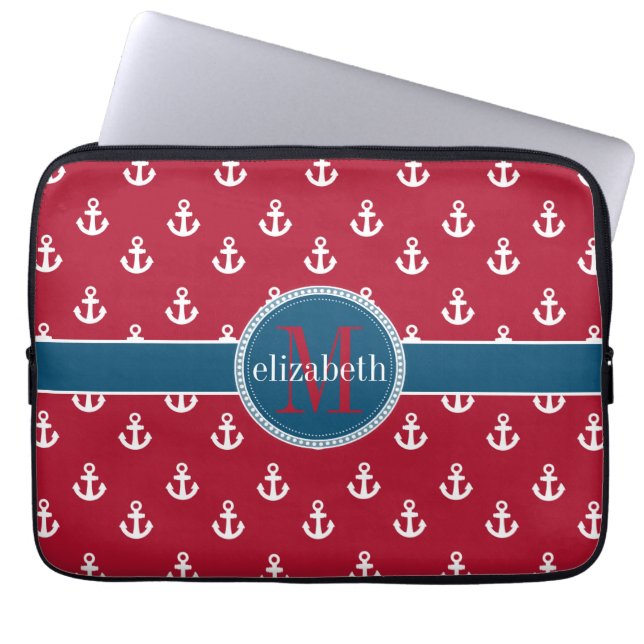 Protection Pour Ordinateur Portable Ancres de navire bleu rouge Monogramme (Devant)