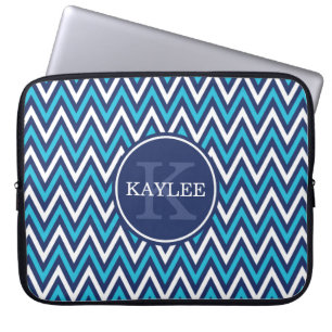 Protection Pour Ordinateur Portable Aqua Blue Chevron & Monogram de la marine moderne