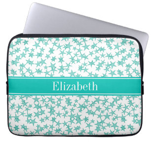 Protection Pour Ordinateur Portable Aqua Turquoise Stars White BG, nom Turquoise Monog