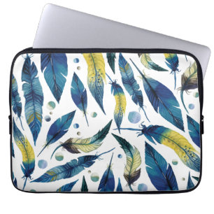 Protection Pour Ordinateur Portable Aquarelle bleu oiseaux plumes motif