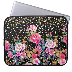 Protection Pour Ordinateur Portable Aquarelle moderne points fleuris et or