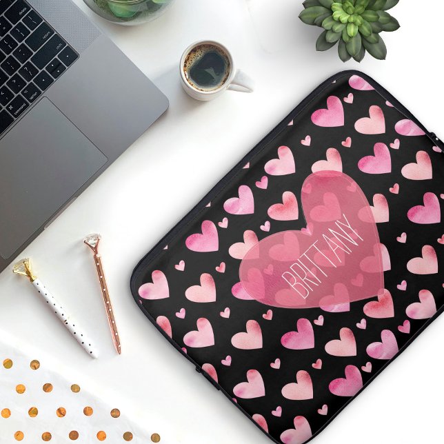 Protection Pour Ordinateur Portable Aquarelle rose Coeurs Motifs Valentines (Heart Pattern Laptop Sleeve with custom name (add your own name to the heart))