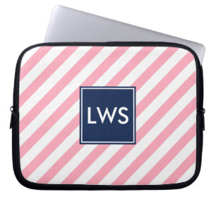 Protection Pour Ordinateur Portable Bandes roses et Monogramme bleu
