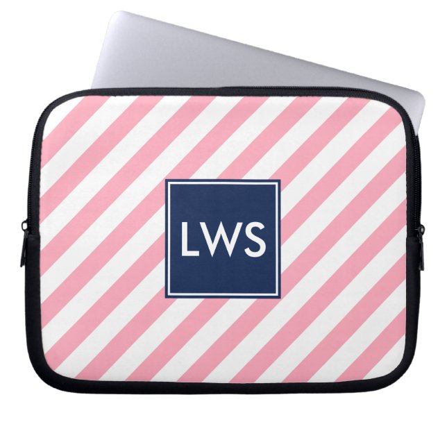 Protection Pour Ordinateur Portable Bandes roses et Monogramme bleu (Devant)