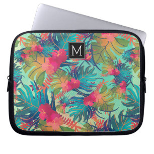Protection Pour Ordinateur Portable Beau Feuilles tropicaux Monogrammé