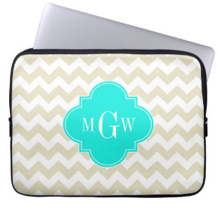 Protection Pour Ordinateur Portable Beige Blanc Chevron Aqua Quatrefoil 3 Monogramme