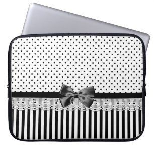 Protection Pour Ordinateur Portable Black and White Victorian Stripes with Bow