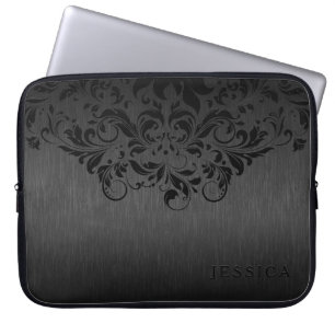 Protection Pour Ordinateur Portable Black Floral dentelle gris Arrière - plan métalliq