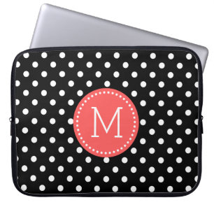 Protection Pour Ordinateur Portable Blanc Sur Polka Noir Point Accents Corail-rouge