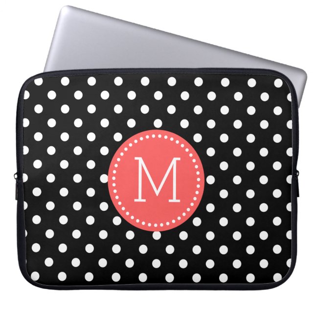 Protection Pour Ordinateur Portable Blanc Sur Polka Noir Point Accents Corail-rouge (Devant)