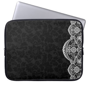 Protection Pour Ordinateur Portable Blanc Vintage dentelle noir Damas