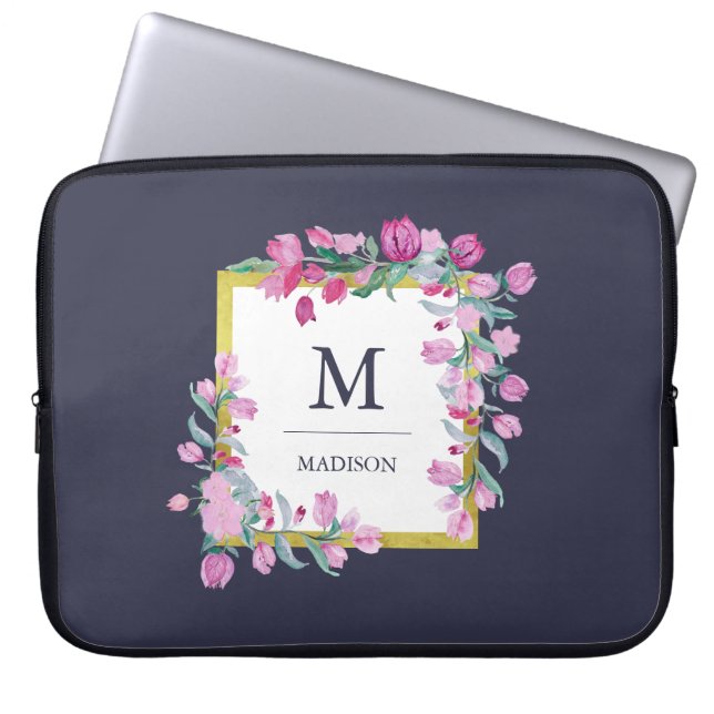 Protection Pour Ordinateur Portable Bleu de minuit avec fleurs de bougainvilliers rose (Devant)