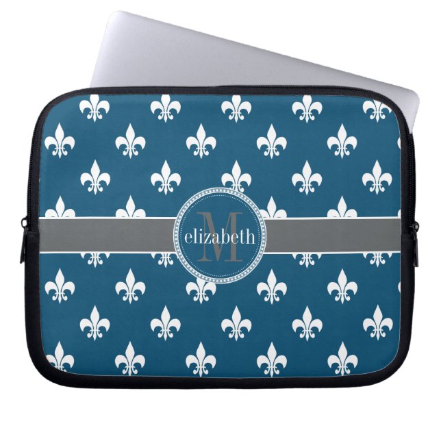 Protection Pour Ordinateur Portable Bleu Gris Blanc Fleur de Lis Monogramme (Devant)