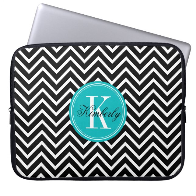 Protection Pour Ordinateur Portable Chevron noir et blanc avec le monogramme turquoise (Devant)