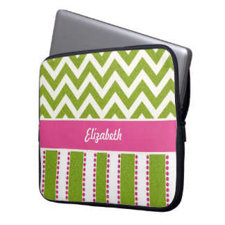 Protection Pour Ordinateur Portable Chevron vert, rayures roses