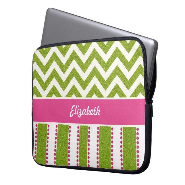 Protection Pour Ordinateur Portable Chevron vert, rayures roses (devant gauche)