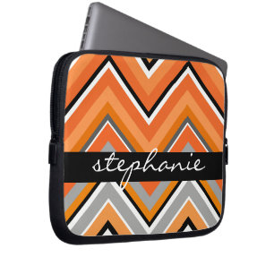 Protection Pour Ordinateur Portable Chic Chevron Motif noir gris orange avec nom