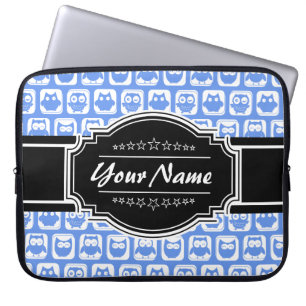 Protection Pour Ordinateur Portable Chouette bleue Noir Nom personnalisé